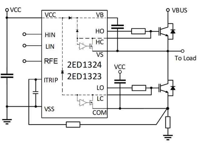 Schéma du circuit d'application - Infineon Technologies Pilotes côté haut et côté bas EiceDRIVER™ 1 200 V